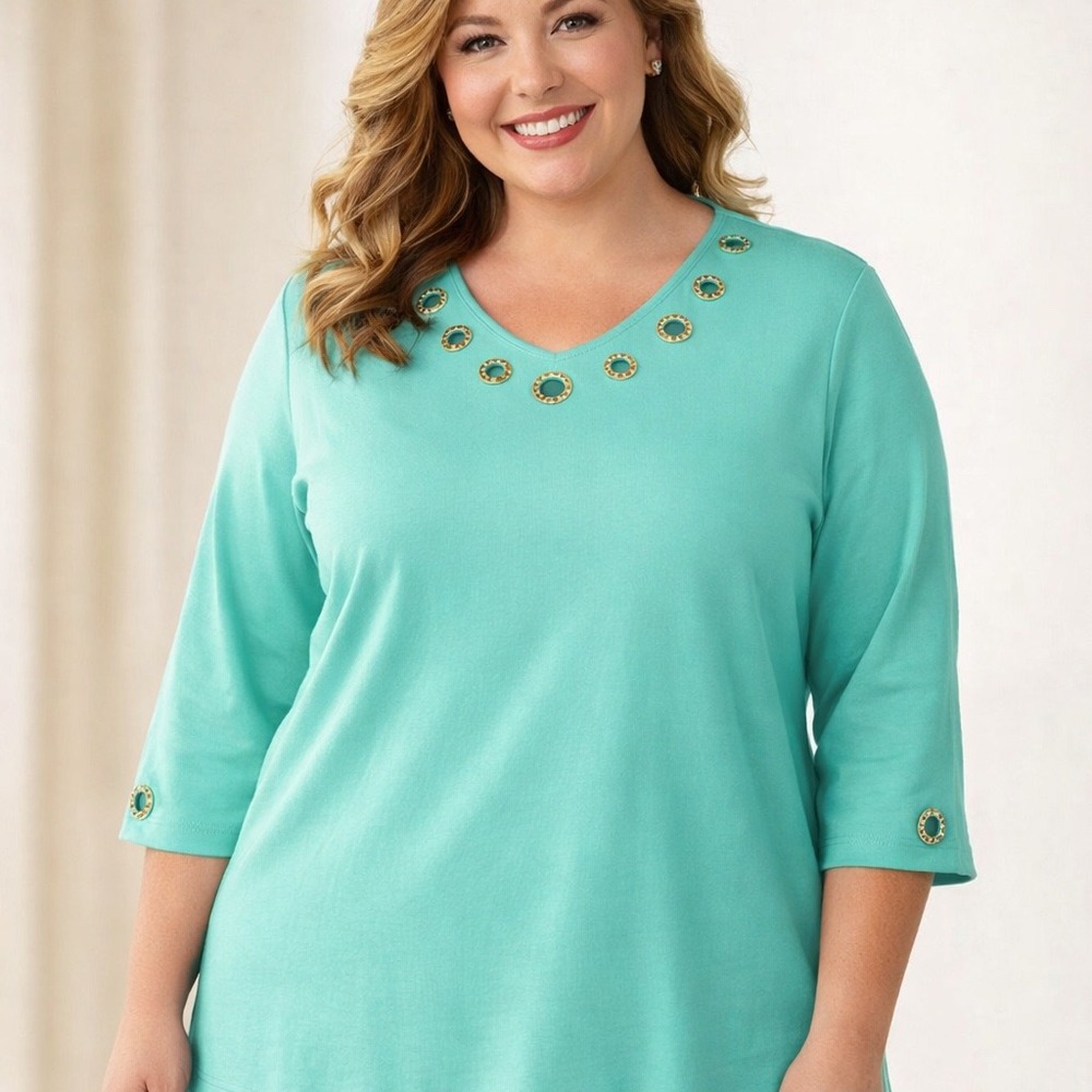Quacker Factory‎ Turquoise Grommet Scoop Neck 3/4 Sleeve Knit Top Womens 1X